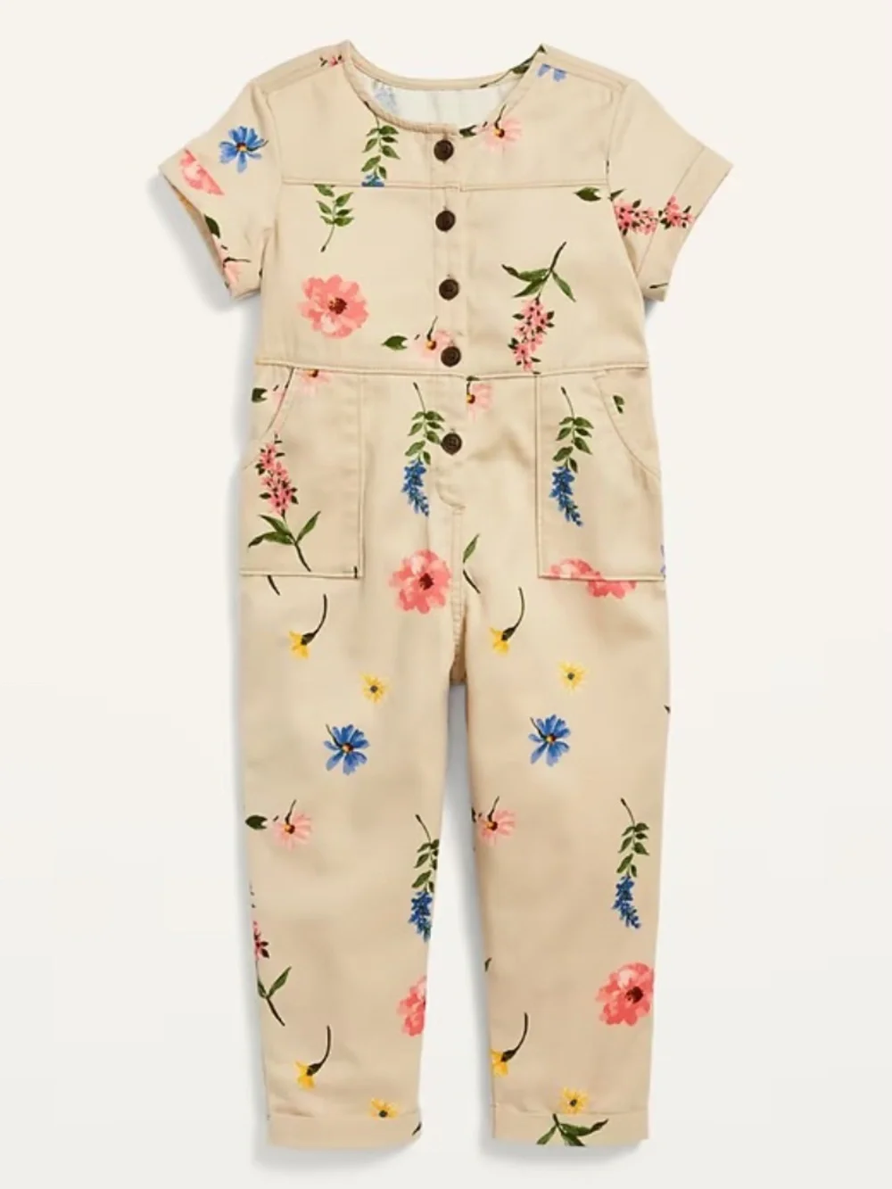 Old Navy Little Girls 4T Khaki Floral 100% Cotton Button Casual Jumpsuit Pockets